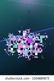 Glitch digital elements in pastel color with light neon bars effects, technology /digital error background