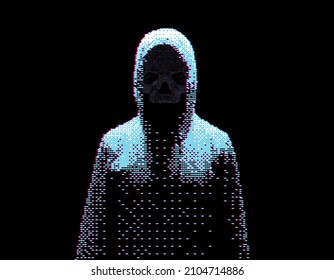 Glitch Digital Grim Reaper in Hood. 8-bit Dithered Pixel Art Skull. Glitched Unknown Man. Privacy Concept. Hacker Skull Hoodie Character Vector Illustration. Horror Game Avatar.