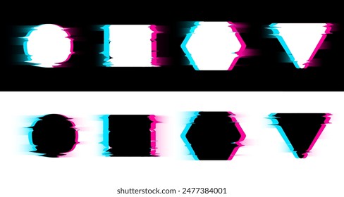 Glitch and digital noise effects of various dynamic shapes vector illustrations set. Abstract distorted glitch style hexagon, circle, square and triangle frames with neon light borders