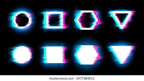 Glitch and digital noise effects of various dynamic shapes vector illustrations set. Abstract distorted glitch style hexagon, circle, square and triangle frames with neon light borders on black