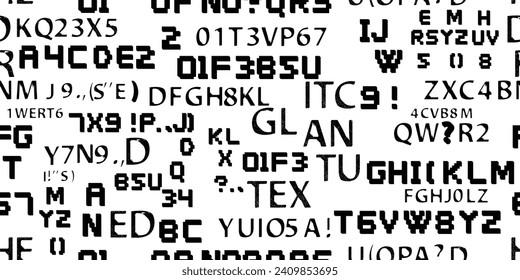 Glitch distorted abstract words . Seamless pattern texture. Pixel fonts .Screen print endless pattern texture
