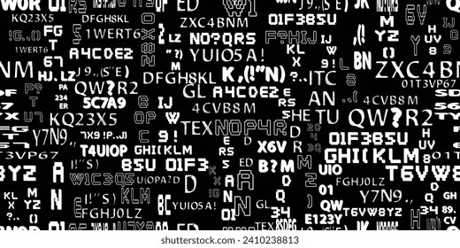 Glitch distorted abstract words . Seamless pattern typographic texture. Pixel fonts .Screen print endless pattern texture