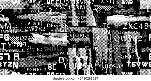 Glitch distorsionó las palabras abstractas. Textura de patrón sin inconvenientes. Fuentes de píxeles .Imprimir pantalla textura de patrón interminable