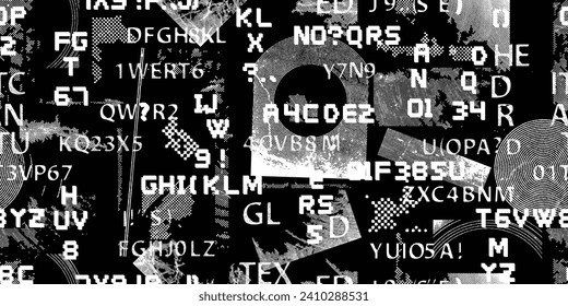 Glitch distorted abstract words . Seamless pattern texture. Pixel fonts .Screen print endless pattern texture