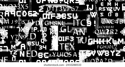 Glitch distorsionó las palabras abstractas. Textura de patrón sin inconvenientes. Fuentes de píxeles .Imprimir pantalla textura de patrón interminable