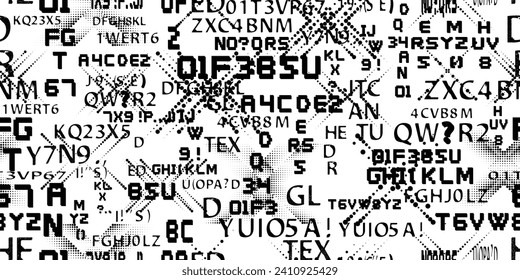 Glitch distorted abstract words . Seamless pattern texture. Pixel fonts .Screen print endless pattern texture