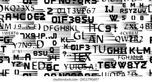 Glitch distorsionó las palabras abstractas. Textura de patrón sin inconvenientes. Fuentes de píxeles .Imprimir pantalla textura de patrón interminable con líneas de velocidad 
