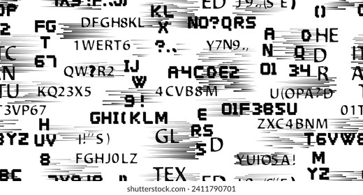 Glitch distorted abstract words . Seamless pattern texture. Pixel fonts .Screen print endless pattern texture with speed lines 