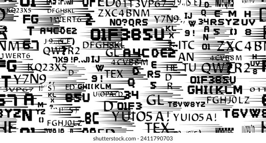 Glitch distorsionó las palabras abstractas. Textura de patrón sin inconvenientes. Fuentes de píxeles .Imprimir pantalla textura de patrón interminable con líneas de velocidad 