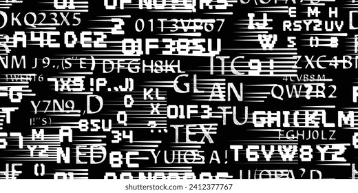 Glitch distorted abstract words . Seamless pattern texture. Pixel fonts .Screen print endless pattern texture with speed lines 