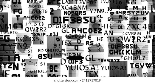 Glitch distorted abstract words . Seamless pattern texture. Pixel fonts .Screen print endless pattern texture with speed lines 
