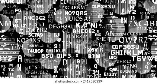 Glitch distorted abstract words . Seamless pattern texture. Pixel fonts .Screen print endless pattern texture with speed lines 