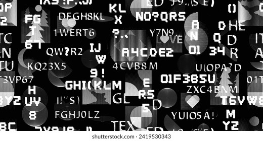 Glitch distorted abstract words . Seamless pattern texture. Pixel fonts .Screen print endless pattern texture with speed lines 