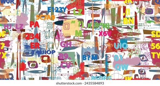 Glitch distorted abstract words . Seamless pattern texture. Pixel fonts .Screen print endless pattern texture