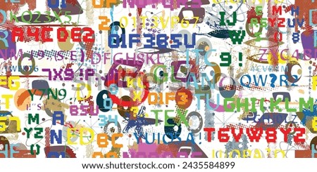 Glitch distorted abstract words . Seamless pattern texture. Pixel fonts .Screen print endless pattern texture