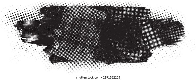 Glitch distorted brush stroke . Noise destroyed logo . Trendy defect error shapes . Glitched frame .Grunge textured . Distressed effect .Vector shapes with a halftone dots screen print texture.