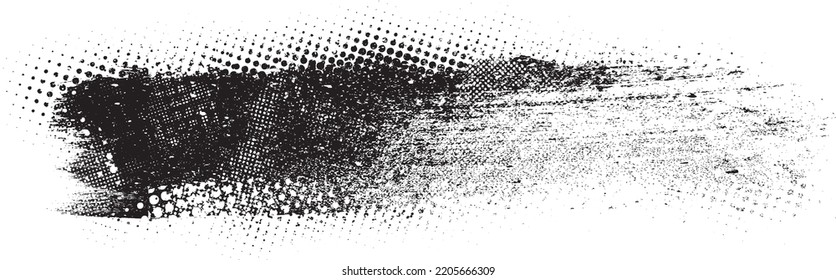 Glitch distorted brush stroke . Noise destroyed logo . Trendy defect error shapes . Glitched frame .Grunge textured . Distressed effect .Vector shapes with a halftone dots screen print texture.