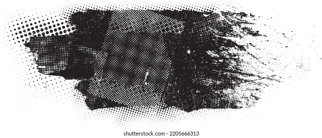 Glitch distorted brush stroke . Noise destroyed logo . Trendy defect error shapes . Glitched frame .Grunge textured . Distressed effect .Vector shapes with a halftone dots screen print texture.