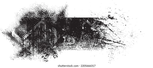 Glitch distorted brush stroke . Noise destroyed logo . Trendy defect error shapes . Glitched frame .Grunge textured . Distressed effect .Vector shapes with a halftone dots screen print texture.