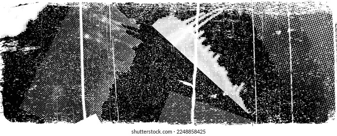 Golpe de pincel distorsionado por el brillo. Logo destruido por ruido. Formas de error de defecto de moda . Marco brillante. Grunge texturado. Efecto perturbado .Formas vectoras con una textura de impresión de pantalla de puntos de medio tono.