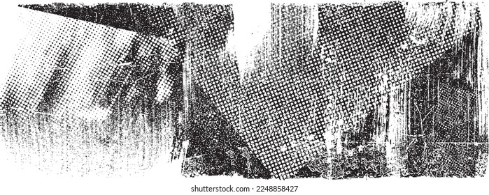 Golpe de pincel distorsionado por el brillo. Logo destruido por ruido. Formas de error de defecto de moda . Marco brillante. Grunge texturado. Efecto perturbado .Formas vectoras con una textura de impresión de pantalla de puntos de medio tono.