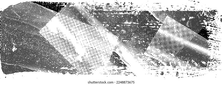 Glitch distorted brush stroke . Noise destroyed logo . Trendy defect error shapes . Glitched frame .Grunge textured . Distressed effect .Vector shapes with a halftone dots screen print texture.