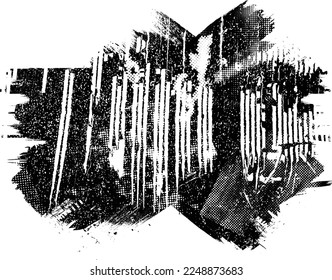 Golpe de pincel distorsionado por el brillo. Logo destruido por ruido. Formas de error de defecto de moda . Marco brillante. Grunge texturado. Efecto perturbado .Formas vectoras con una textura de impresión de pantalla de puntos de medio tono.