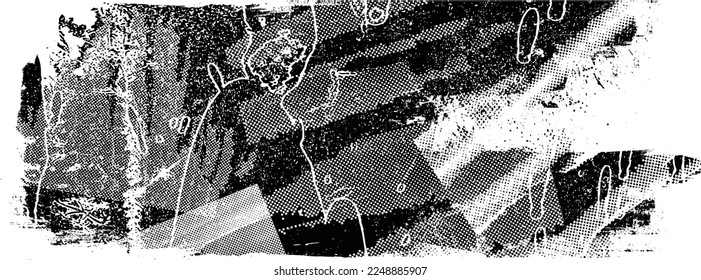 Golpe de pincel distorsionado por el brillo. Logo destruido por ruido. Formas de error de defecto de moda . Marco brillante. Grunge texturado. Efecto perturbado .Formas vectoras con una textura de impresión de pantalla de puntos de medio tono.