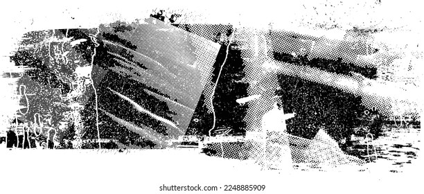Golpe de pincel distorsionado por el brillo. Logo destruido por ruido. Formas de error de defecto de moda . Marco brillante. Grunge texturado. Efecto perturbado .Formas vectoras con una textura de impresión de pantalla de puntos de medio tono.