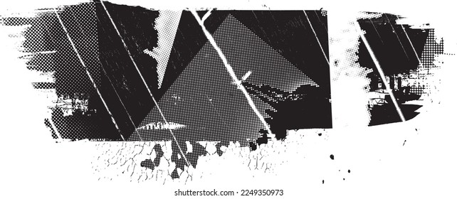 Glitch distorted brush stroke  . Noise destroyed logo . Trendy defect error shapes . Glitched frame .Grunge textured . Distressed effect .Vector shapes with a halftone dots screen print texture.