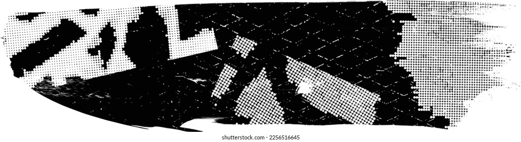 Glitch distorted brush stroke . Noise destroyed logo . Trendy defect error shapes . Glitched frame .Grunge textured . Distressed effect .Vector shapes with a halftone dots screen print texture.