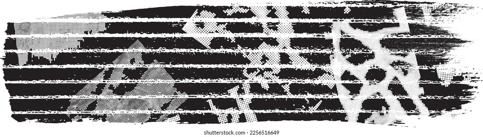 Glitch distorted brush stroke . Noise destroyed logo . Trendy defect error shapes . Glitched frame .Grunge textured . Distressed effect .Vector shapes with a halftone dots screen print texture.