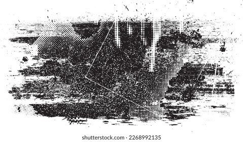 Golpe de pincel distorsionado por el brillo. Logo destruido por ruido. Formas de error de defecto de moda . Marco brillante. Grunge texturado. Efecto perturbado .Formas vectoras con una textura de impresión de pantalla de puntos de medio tono.