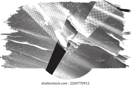 Golpe de pincel distorsionado por el brillo. Logo destruido por ruido. Formas de error de defecto de moda . Marco brillante. Grunge texturado. Efecto perturbado .Formas vectoras con una textura de impresión de pantalla de puntos de medio tono.