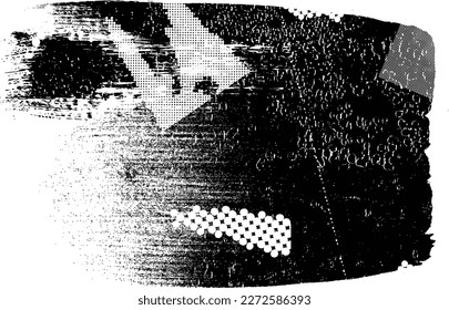 Glitch distorted brush stroke . Noise destroyed logo . Trendy defect error shapes . Glitched frame .Grunge textured . Distressed effect .Vector shapes with a halftone dots screen print texture.