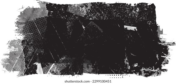 Glitch distorted brush stroke . Noise destroyed logo . Trendy defect error shapes . Glitched frame .Grunge textured . Distressed effect .Vector shapes with a halftone dots screen print texture.