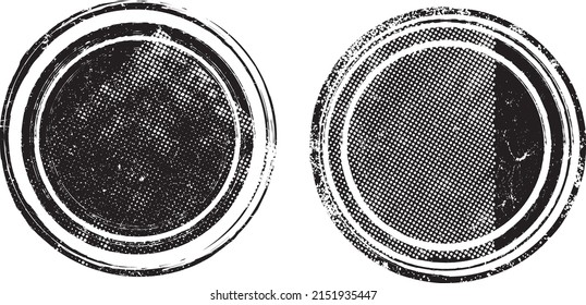 Glitch distorted circle shape . Noise destroyed logo . Trendy defect error shapes . Glitched frame .Grunge textured . Distressed effect .Vector shapes with a halftone dots screen print texture.