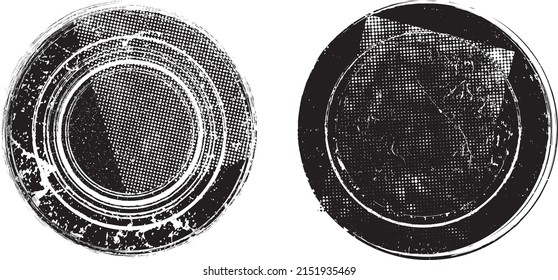 Glitch distorted circle shape . Noise destroyed logo . Trendy defect error shapes . Glitched frame .Grunge textured . Distressed effect .Vector shapes with a halftone dots screen print texture.