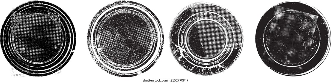 Glitch distorted circles . Noise destroyed logo . Trendy defect error shapes . Glitched frame .Grunge textured . Distressed effect .Vector shapes with a halftone dots screen print texture.