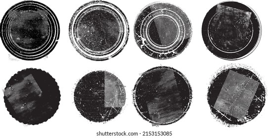 Glitch distorted circles . Noise destroyed logo . Trendy defect error shapes . Glitched frame .Grunge textured . Distressed effect .Vector shapes with a halftone dots screen print texture.