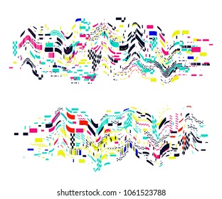 Glitch distorted elements. Colorful abstract design with pixel noise. Trendy cover background for posters, banners, flyers, placards, brochures. Vector illustration 