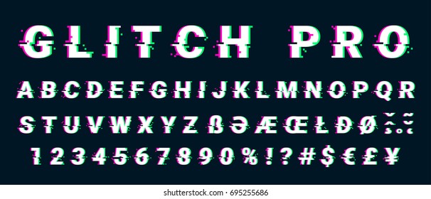 Glitch distorted font letter set with broken pixel effect. Vector retro video game alphabet. Old distorted TV matrix effect. 