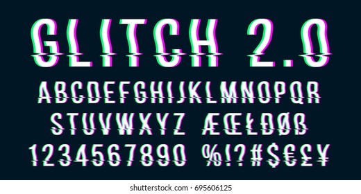 Glitch Distorted Font Letter Set With Broken Pixel Wave Clutter Effect. Vector Retro Video Game Alphabet. Old Distorted TV Matrix Effect