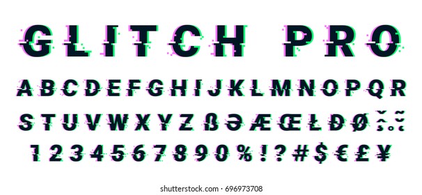 Glitch distorted font letter set with broken pixel effect. Vector retro video game alphabet. Old distorted TV matrix effect