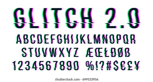 Glitch Distorted Font Letter Set With Broken Pixel Wave Clutter Effect. Vector Retro Video Game Alphabet. Old Distorted TV Matrix Effect