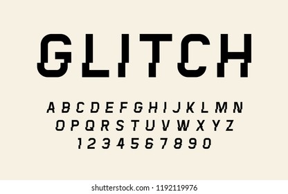 Glitch distorted font Retro video game design letters and numbers Vector alphabet