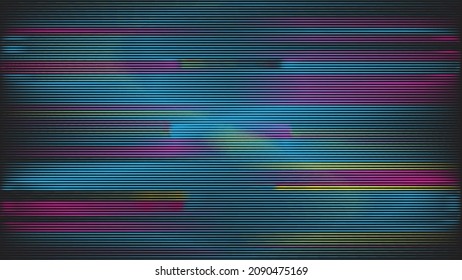 Fondo geométrico distorsionado de brillo . Diseño de arte moderno. Afiche con brillo de ruido destruido. Fondo de error de defecto de moda con líneas de velocidad . Dibujo brillante .Efecto roto .vector 