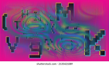 Glitch distorted geometric background . Modern art design . Noise destroyed glitched poster . Trendy defect error background with speed lines . Glitched artwork  .Hologram effect .vector 