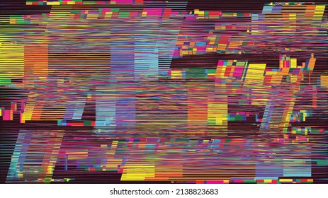 Fondo geométrico distorsionado de brillo . Diseño de arte moderno. Afiche con brillo de ruido destruido. Fondo de error de defecto de moda con líneas de velocidad . Dibujo brillante .Holograma efecto .vector 