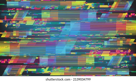 Glitch distorted geometric background . Modern art design . Noise destroyed glitched poster . Trendy defect error background with speed lines . Glitched artwork  .Hologram effect .vector 